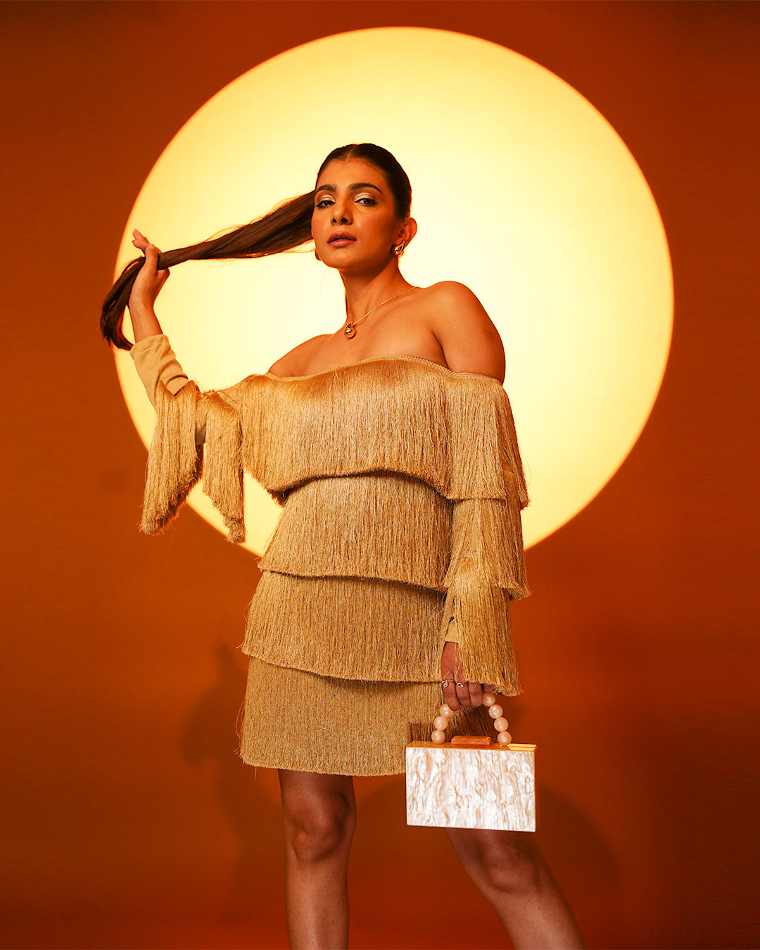 BEIGE FRINGE OFF SHOULDER DRESS