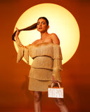 BEIGE FRINGE OFF SHOULDER DRESS