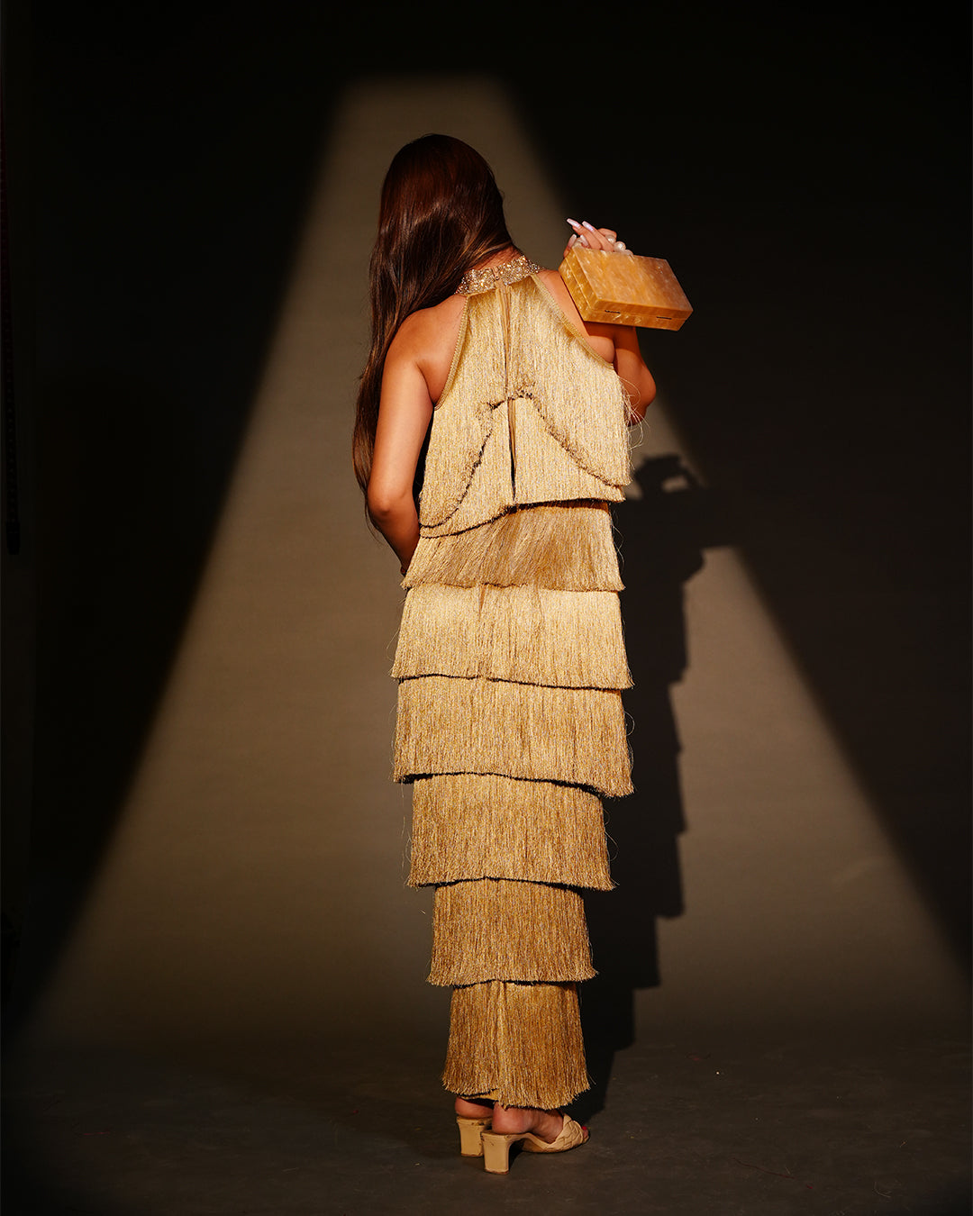 BEIGE FRINGE GOWN