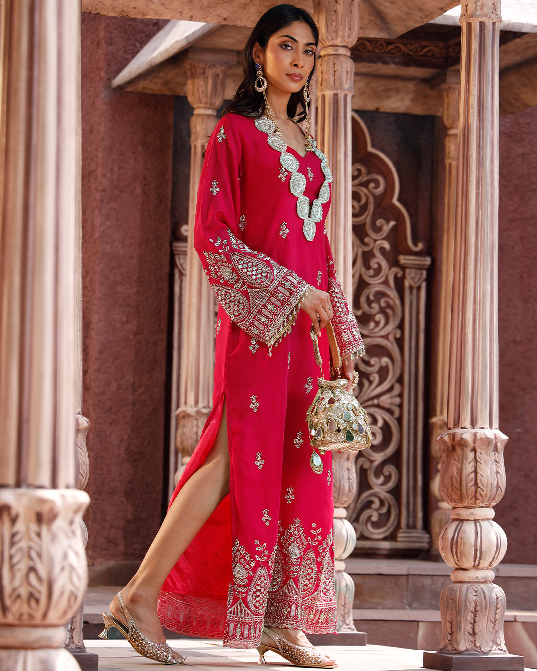 Fuschia Pink Embriodery Kaftan