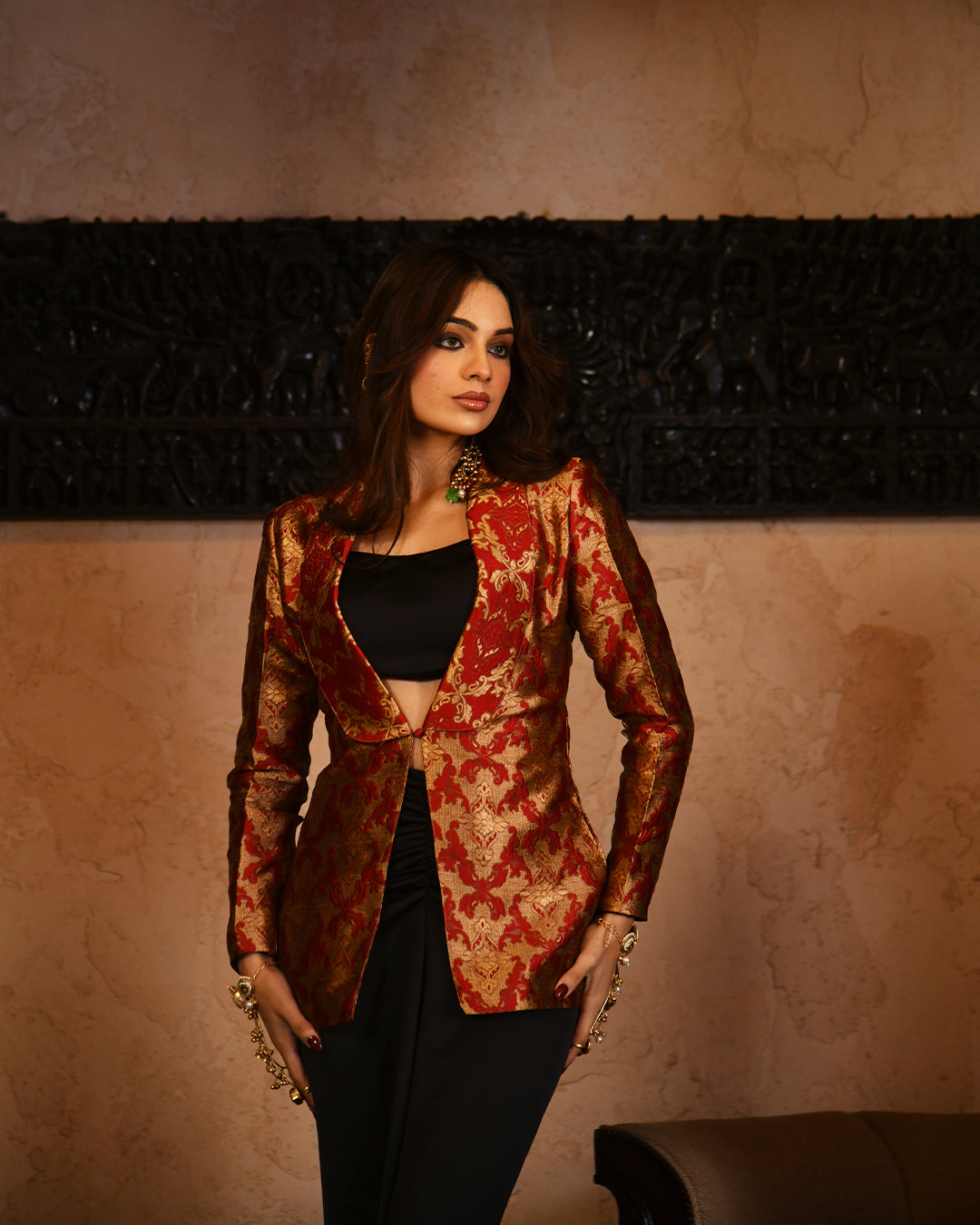 Red brocade blazer set