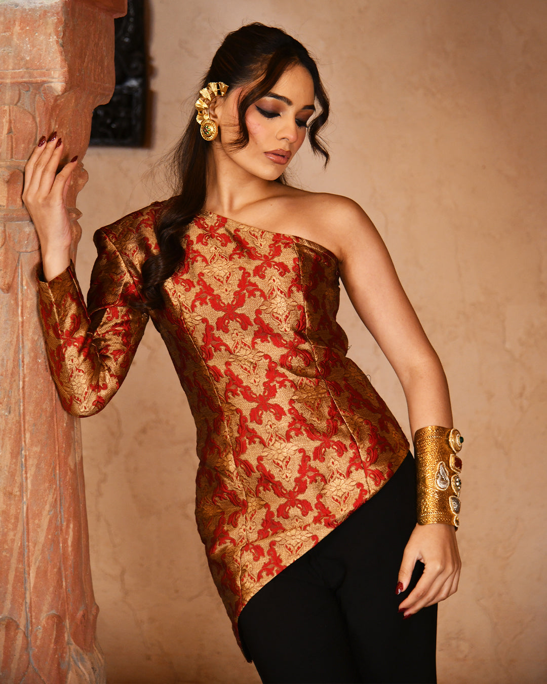 Red brocade assymetrical set
