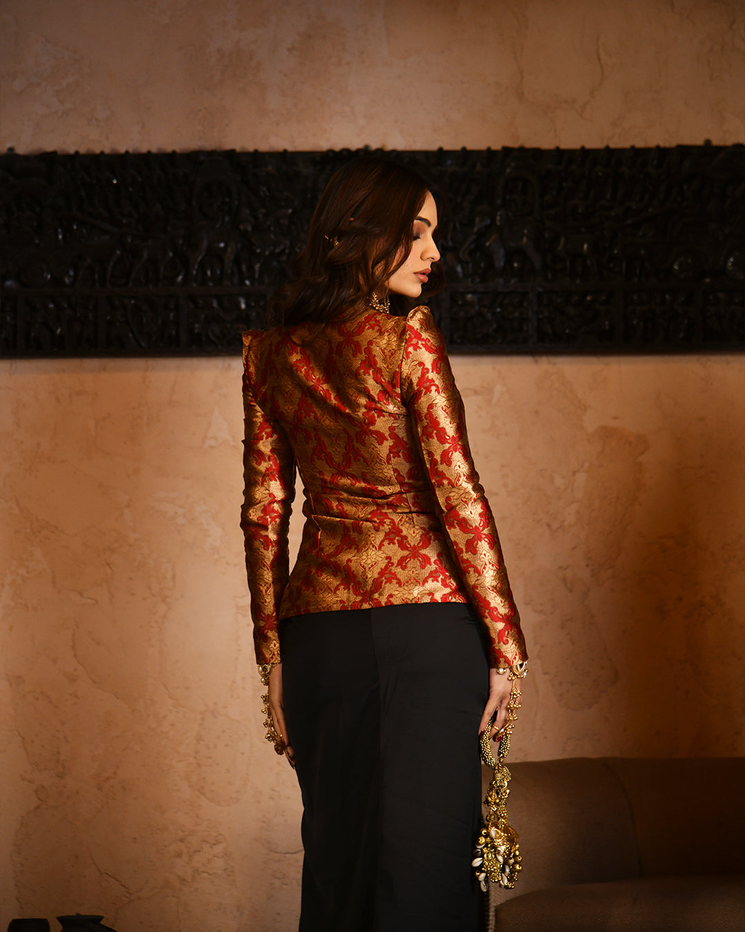 Red brocade corset set