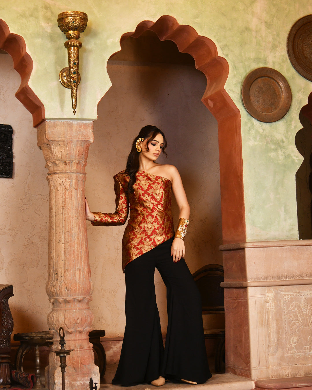 Red brocade assymetrical set