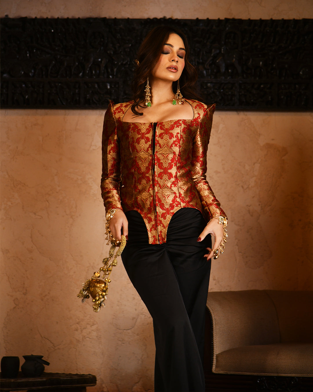 Red brocade corset set