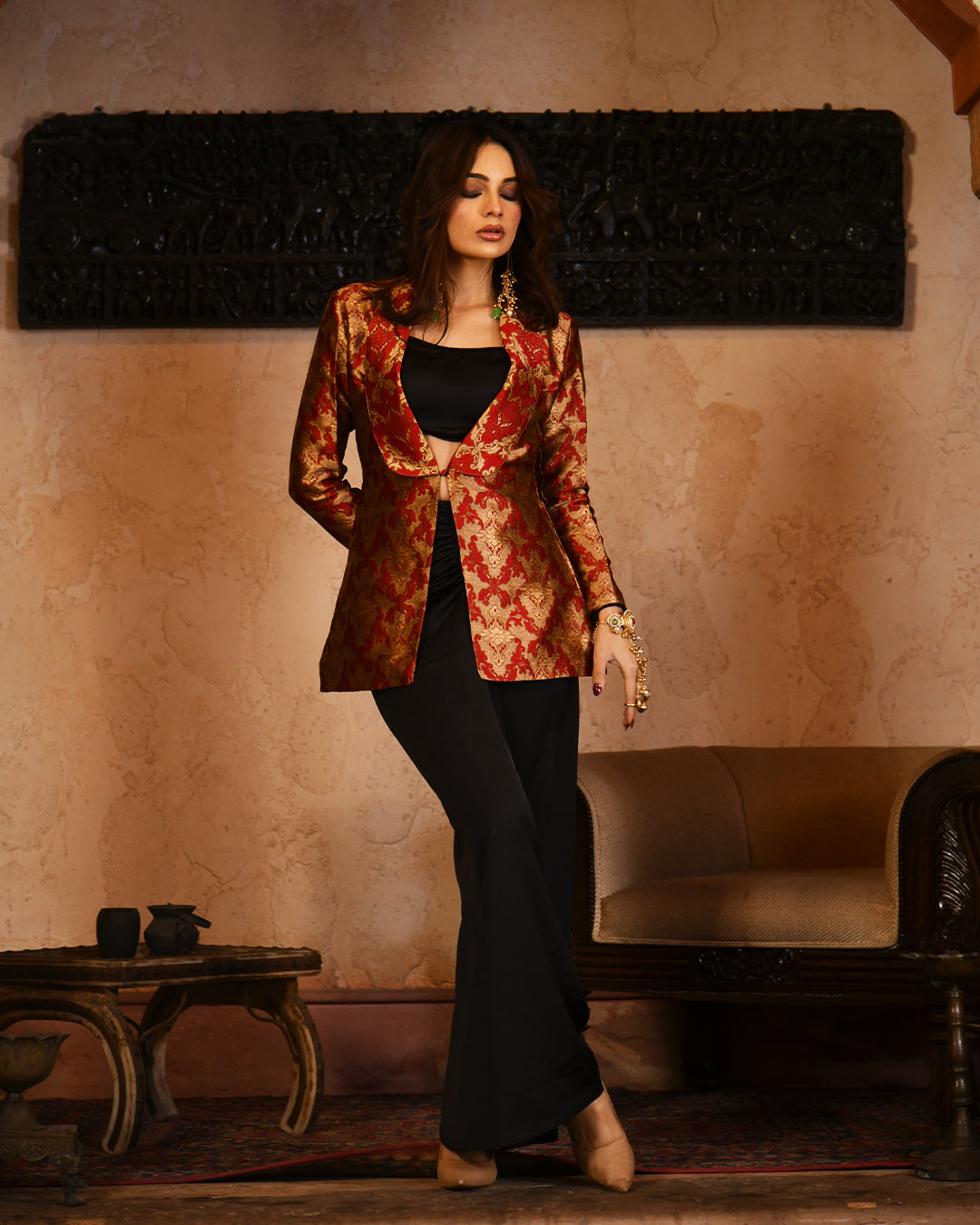 Red brocade blazer set