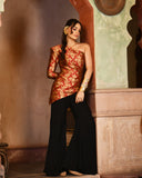 Red brocade assymetrical set