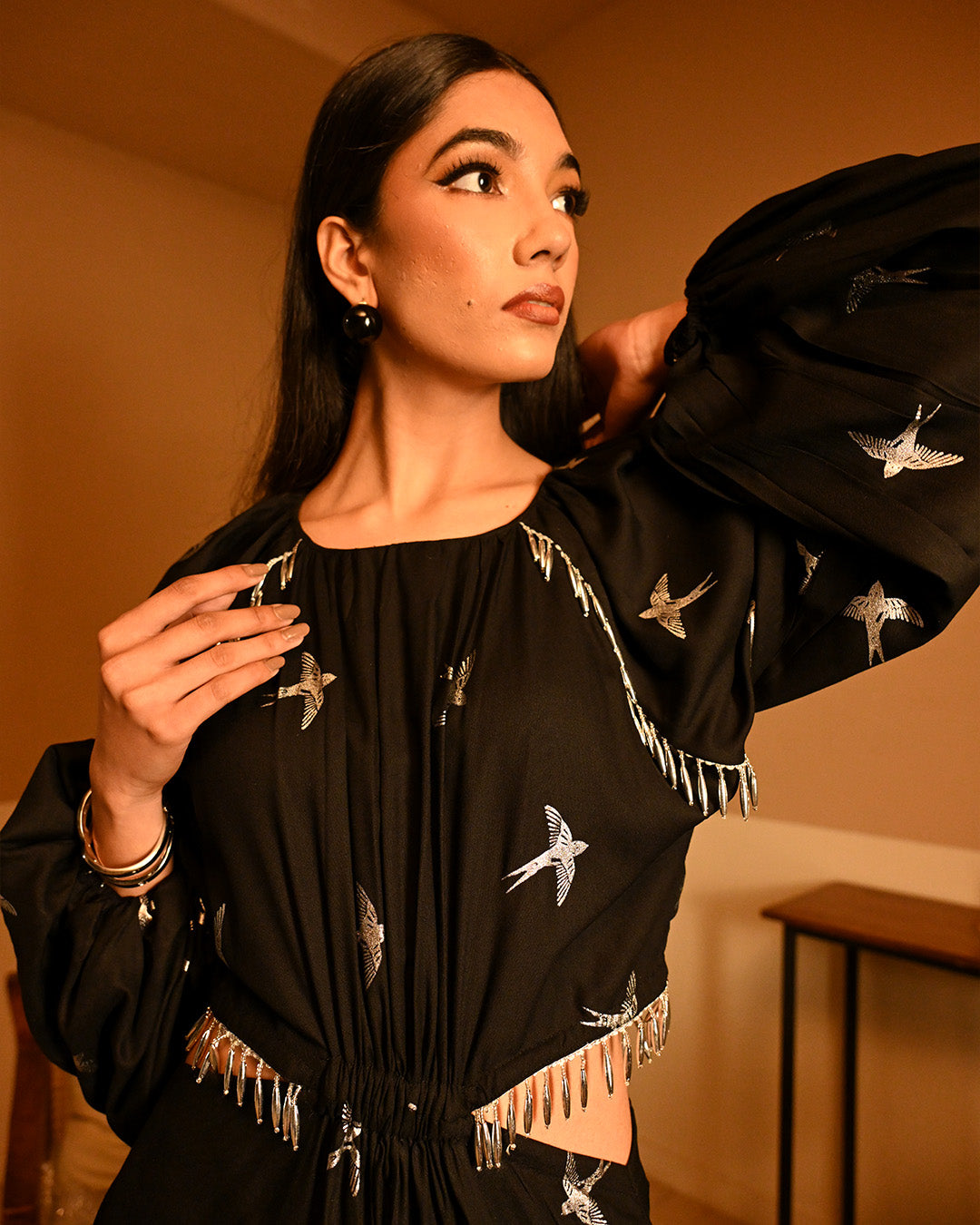 Silver Bird Foil Midi dress