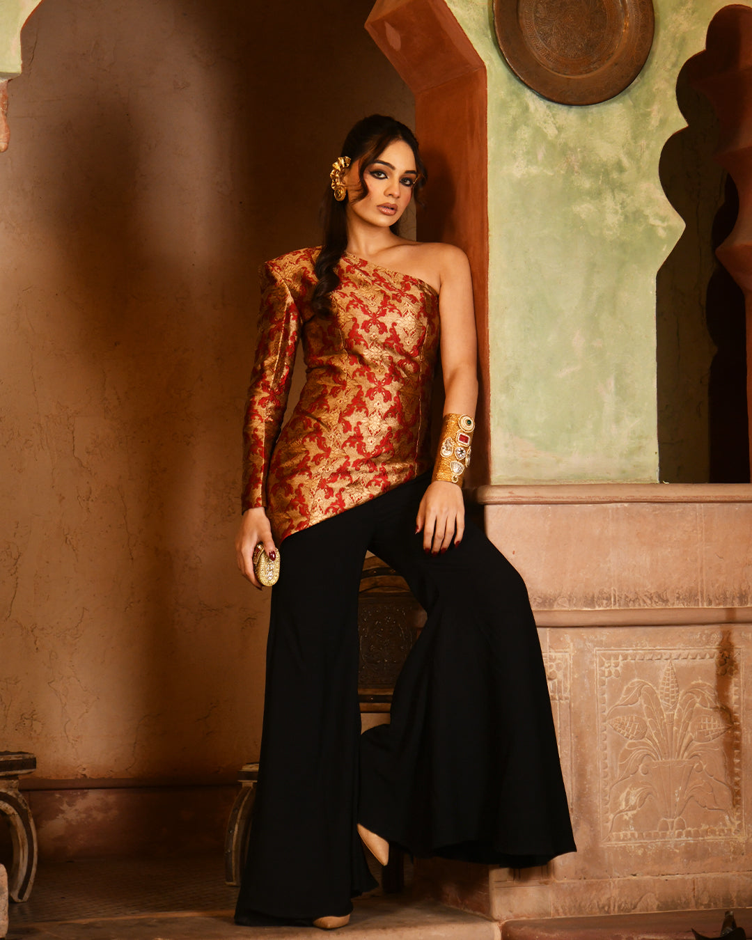 Red brocade assymetrical set