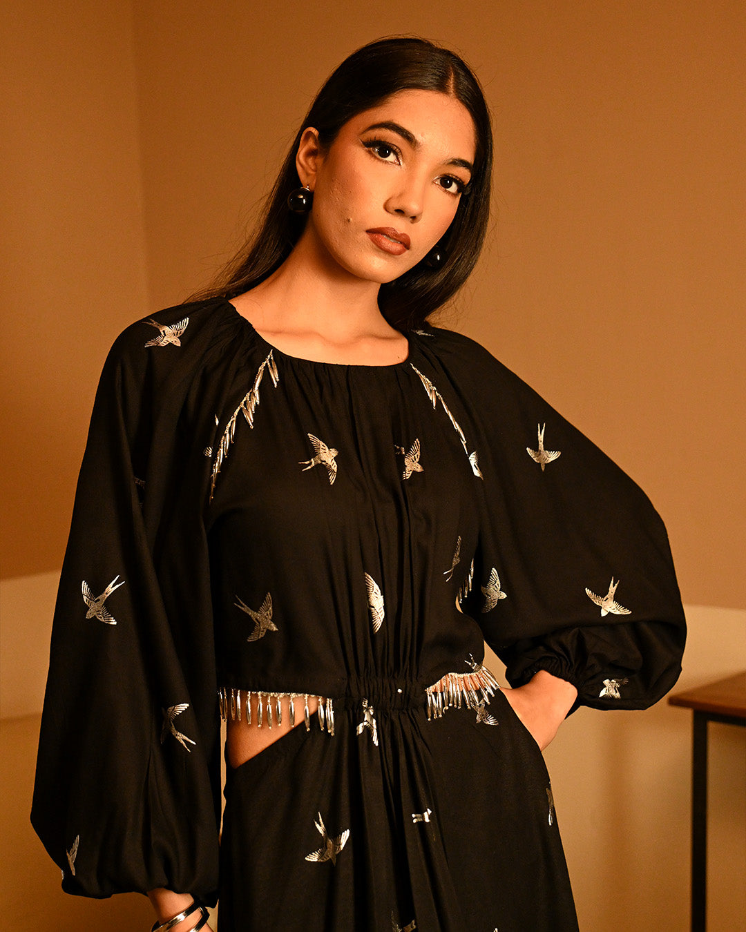 Silver Bird Foil Midi dress