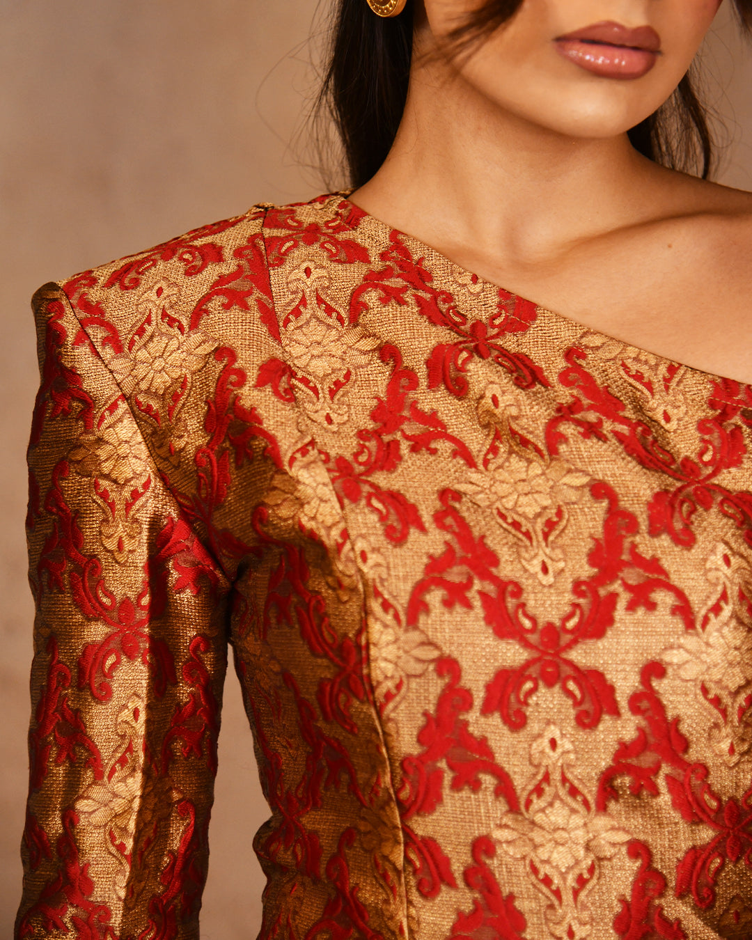 Red brocade assymetrical set