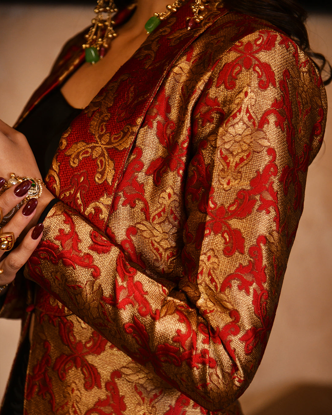 Red brocade blazer set