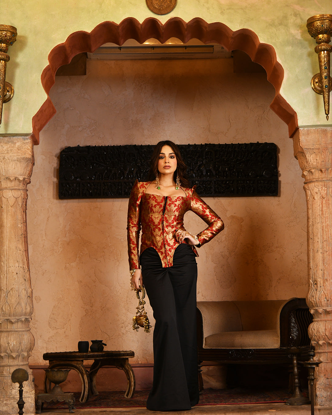 Red brocade corset set