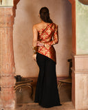 Red brocade assymetrical set