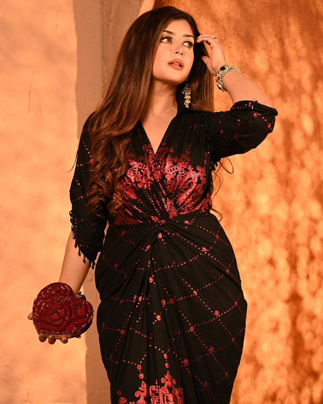 Red salma-sitara shirtdress