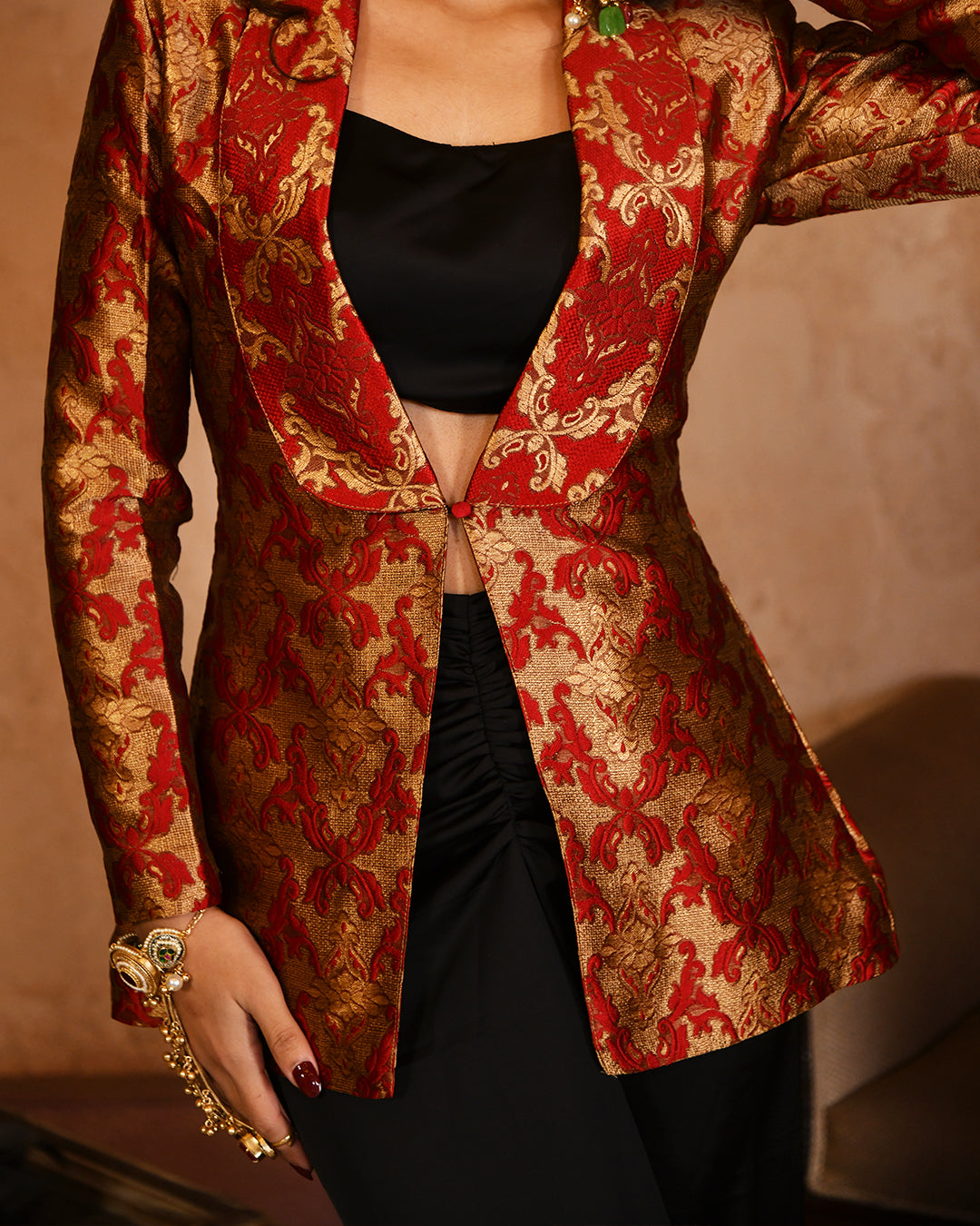 Red brocade blazer set