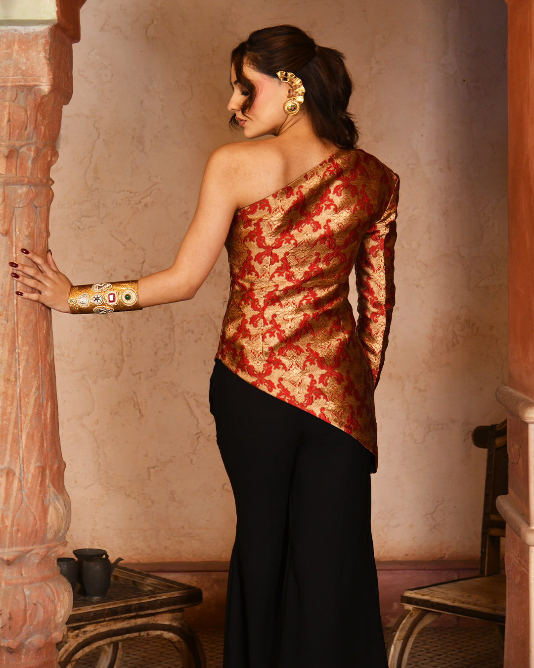 Red brocade assymetrical set
