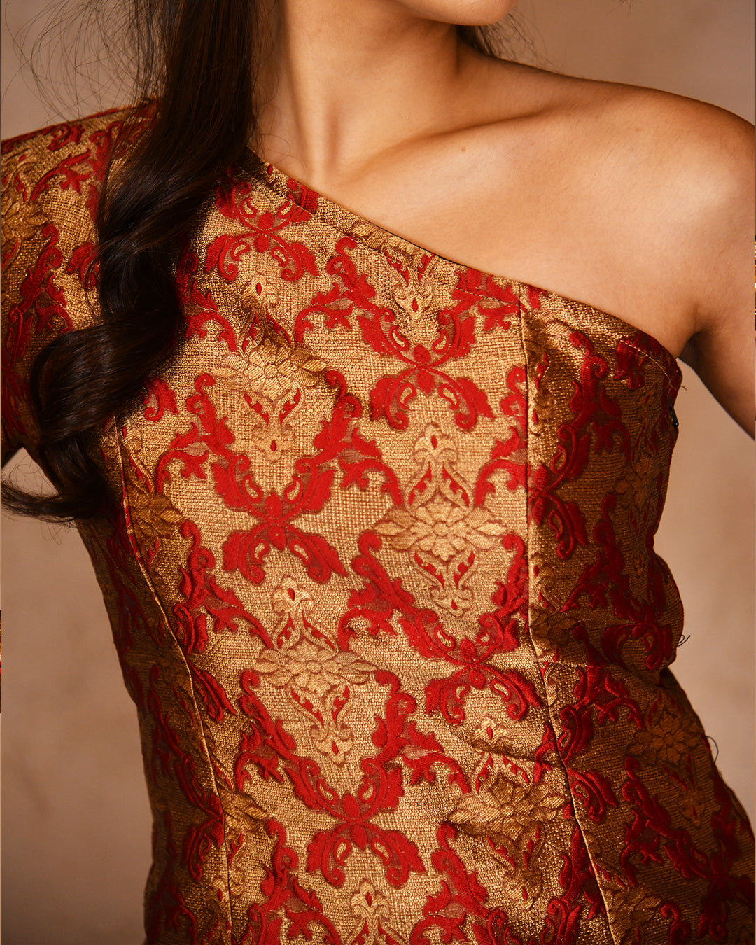 Red brocade assymetrical set