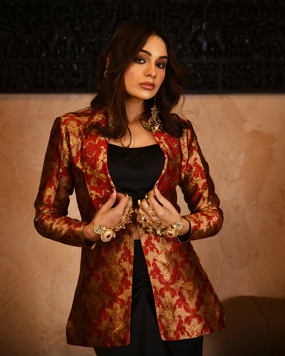 Red brocade blazer set