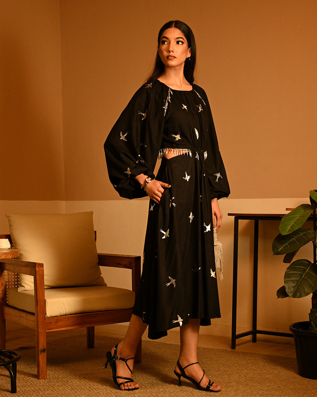 Silver Bird Foil Midi dress