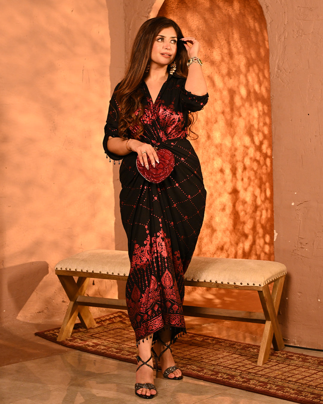 Red salma-sitara shirtdress