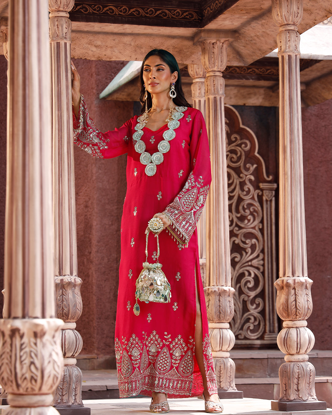 Fuschia Pink Embriodery Kaftan