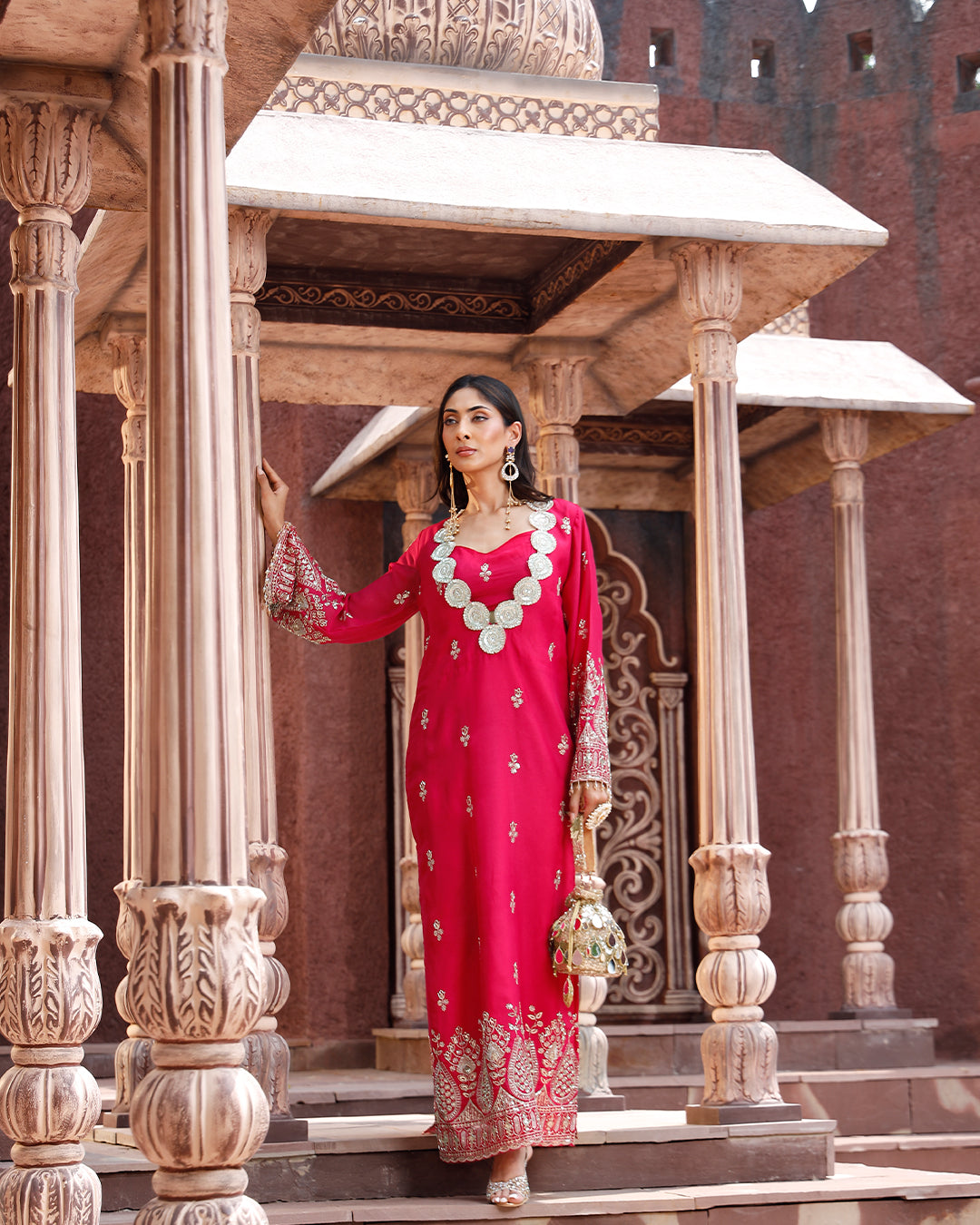 Fuschia Pink Embriodery Kaftan