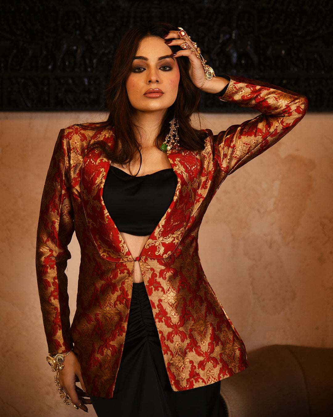 Red brocade blazer set