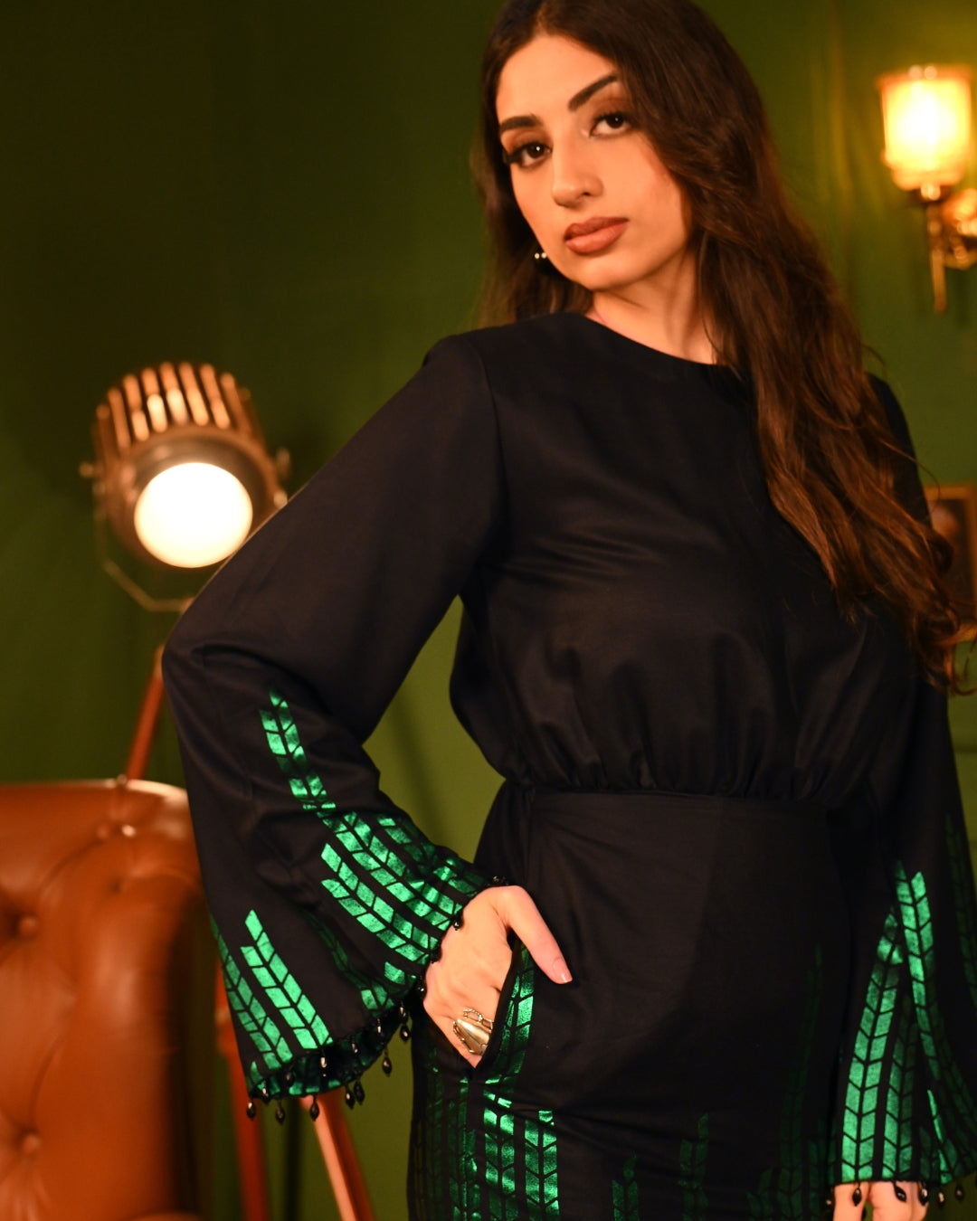 Green oak Foil sheath dress