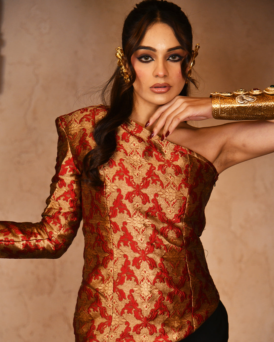 Red brocade assymetrical set