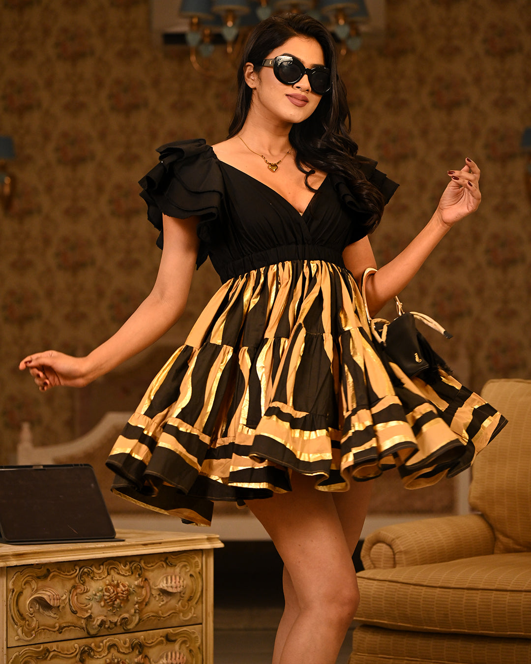 Beige cotton frill dress