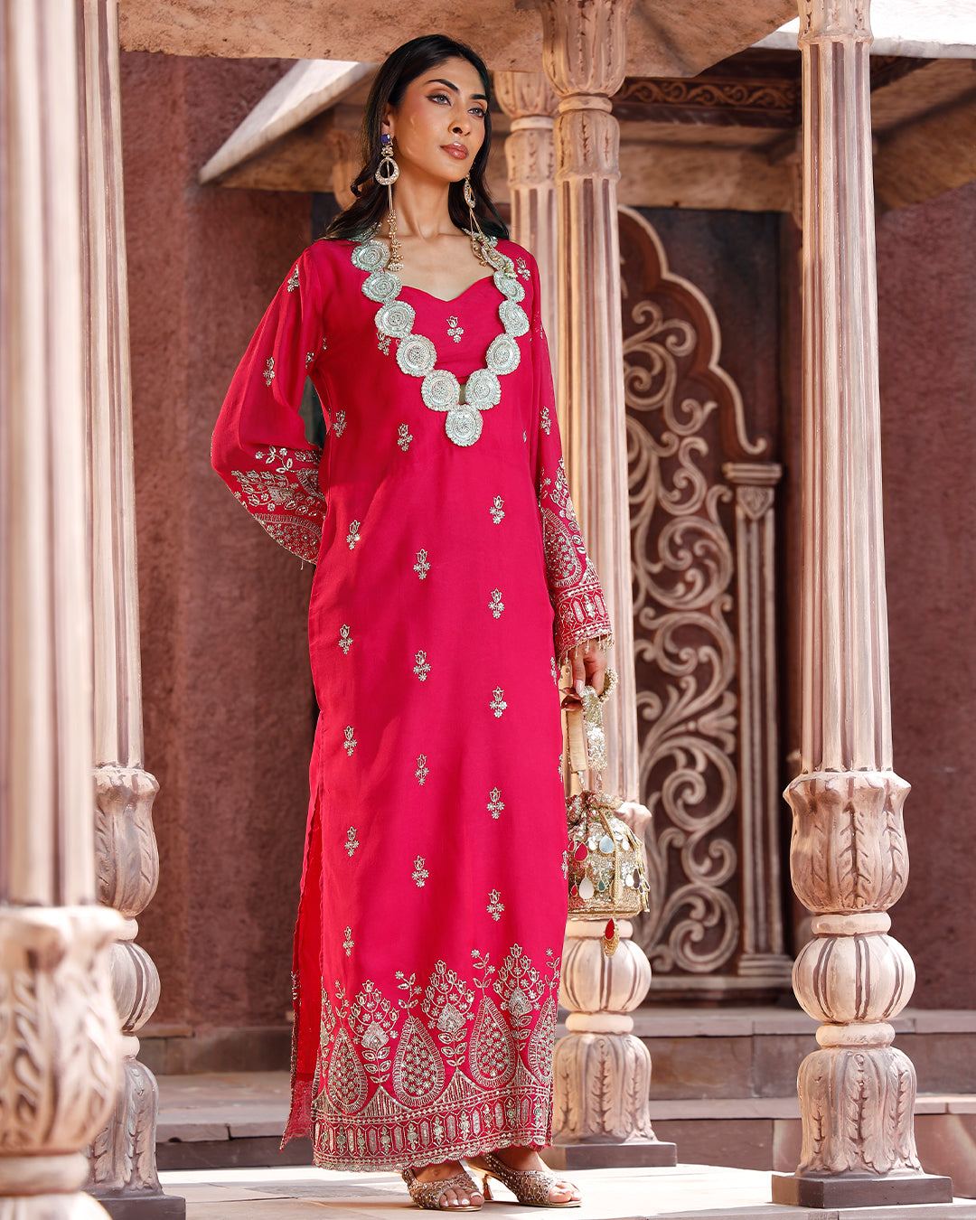 Fuschia Pink Embriodery Kaftan