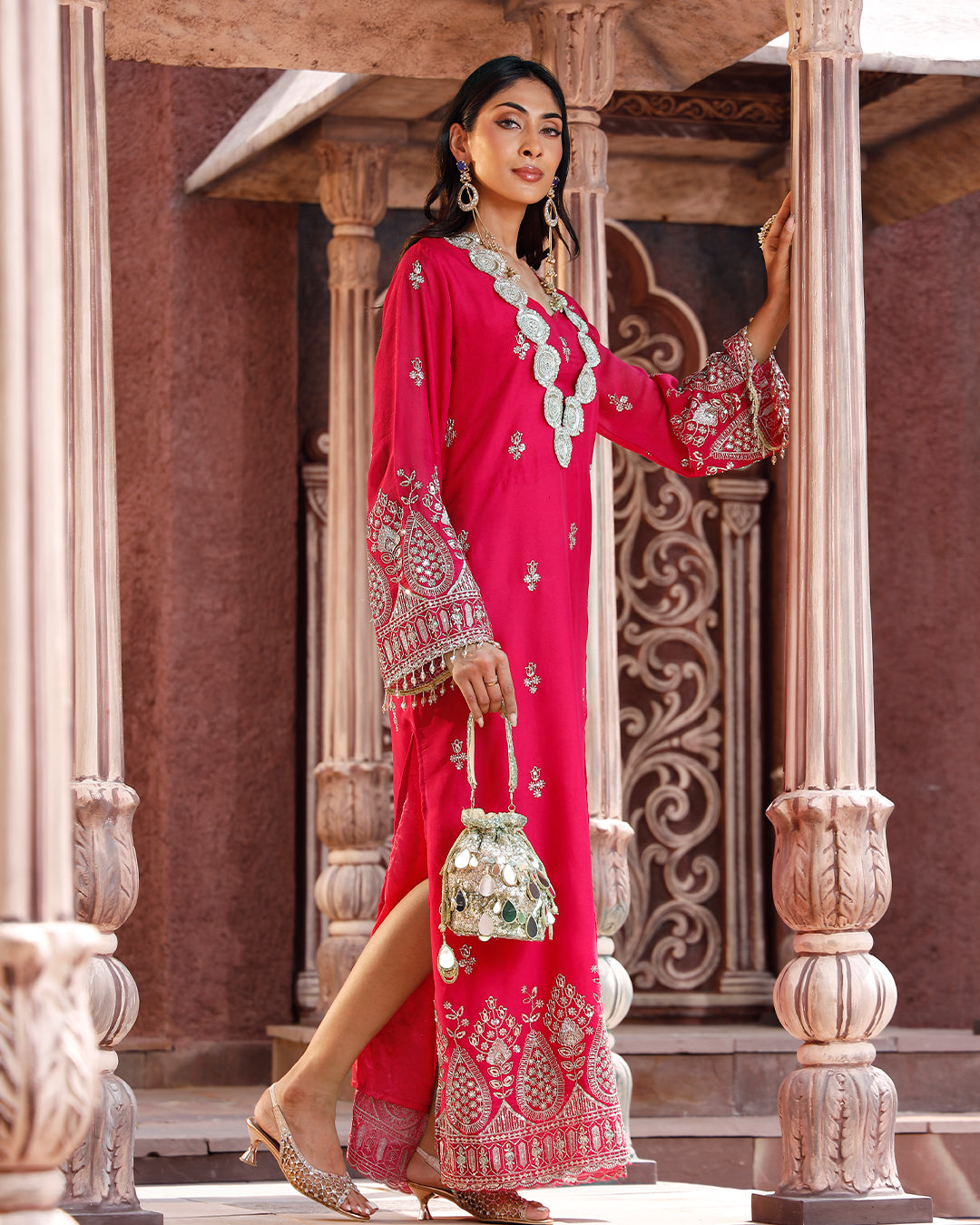 Fuschia Pink Embriodery Kaftan