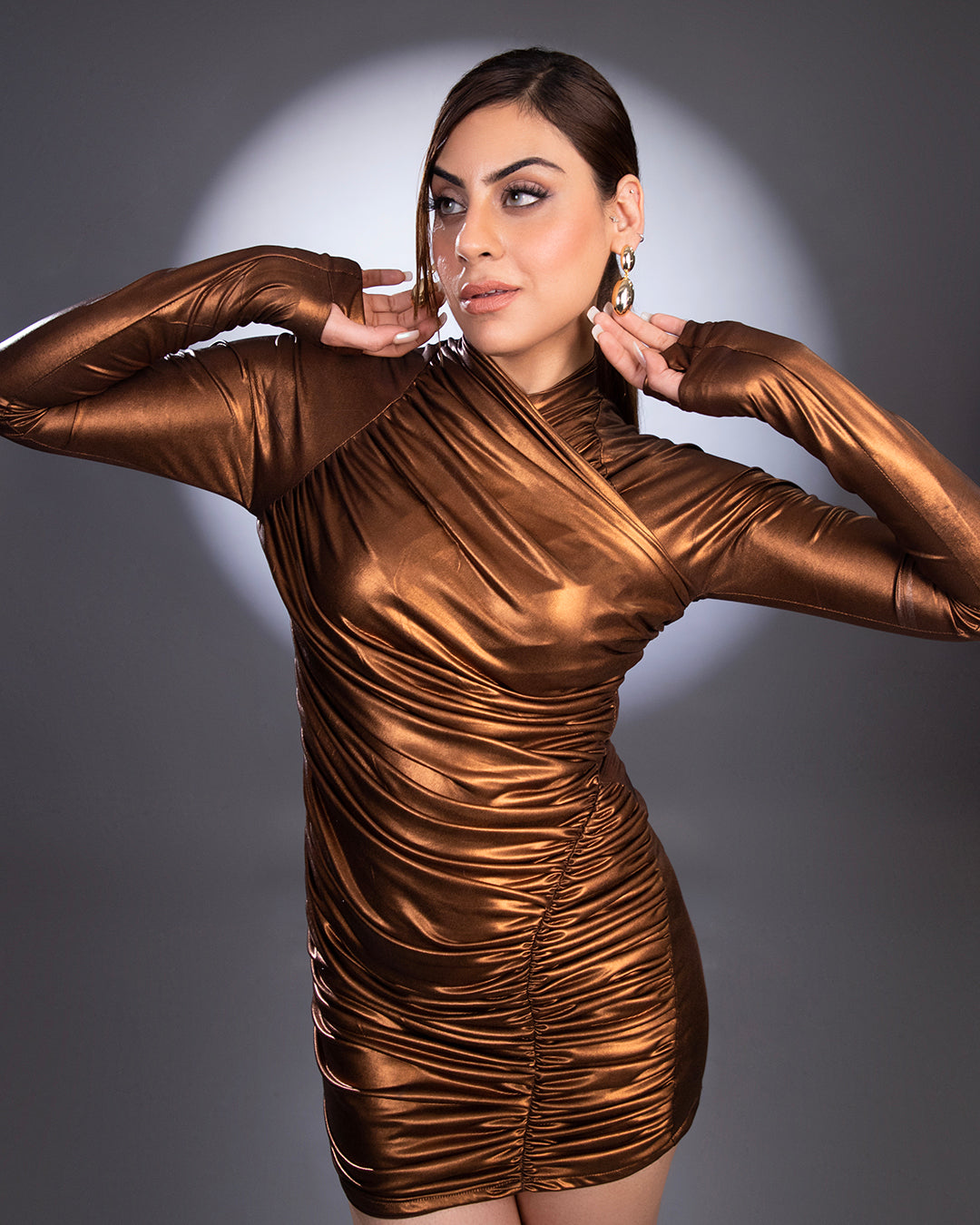 Brown Metallic High Neck Ruched Dress