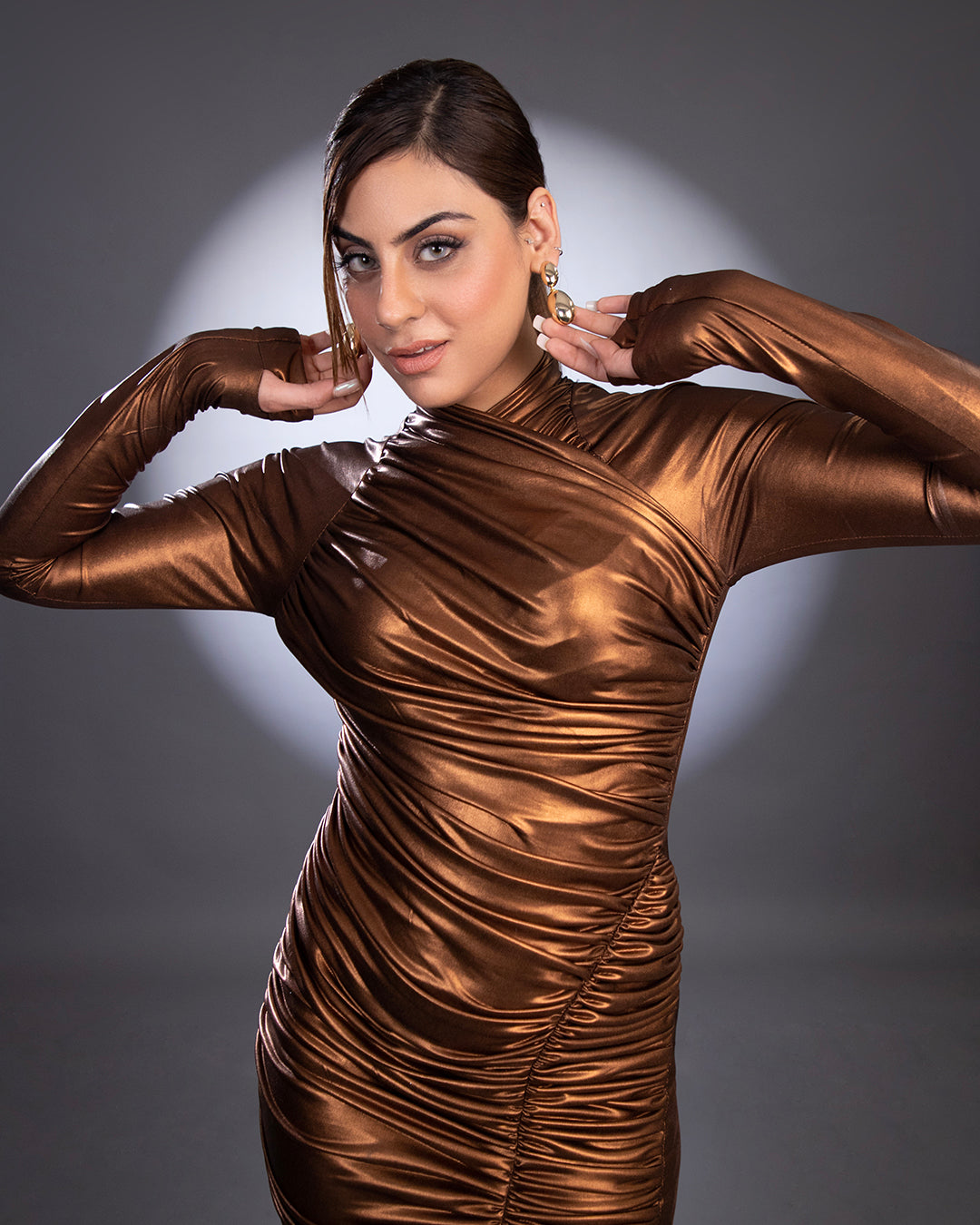 Brown Metallic High Neck Ruched Dress