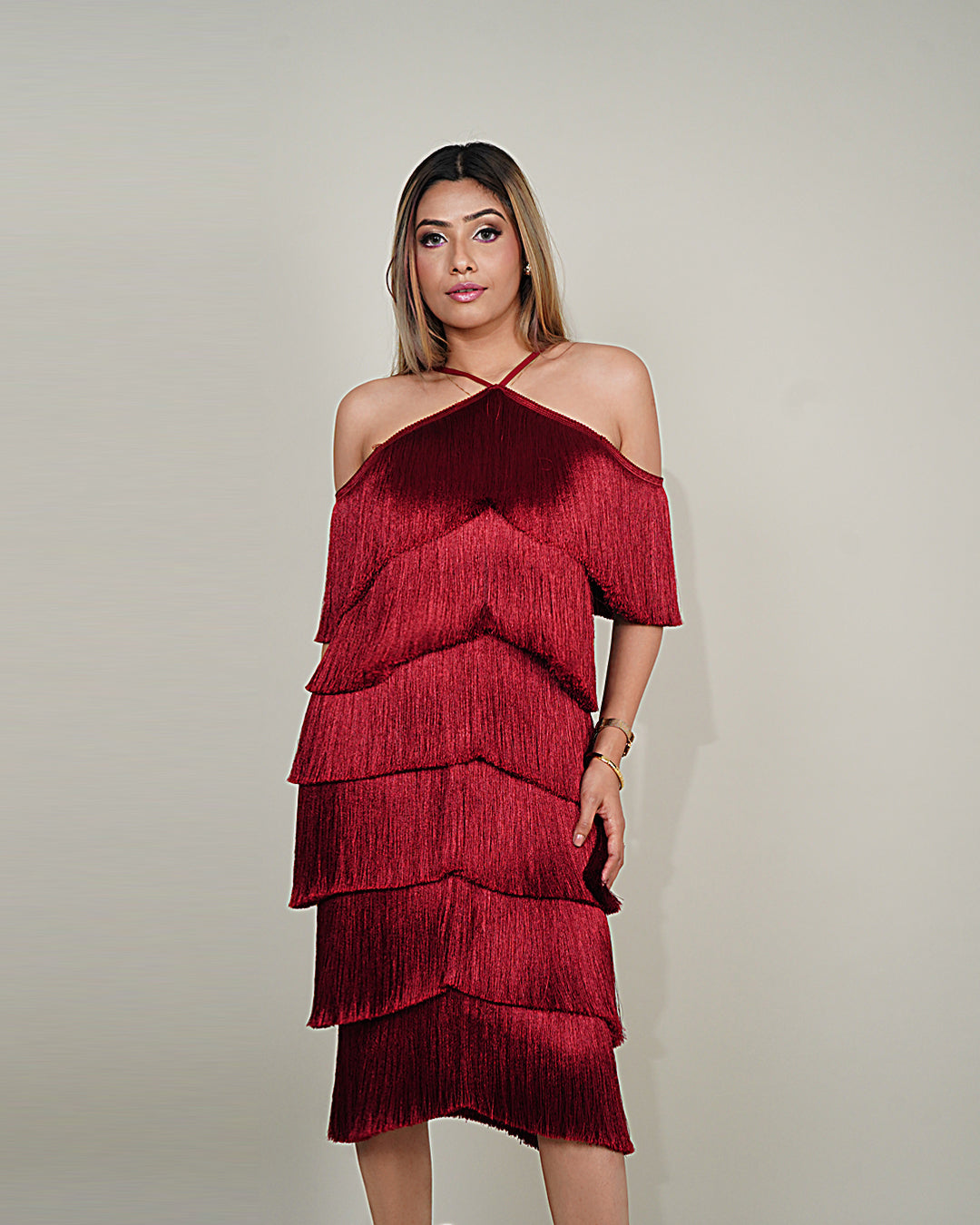 RED WINE HALTER NECK FRINGE DRESS