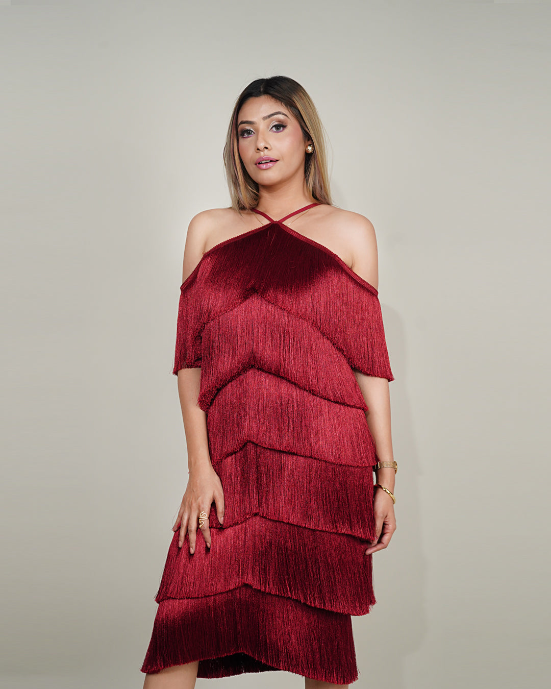 RED WINE HALTER NECK FRINGE DRESS