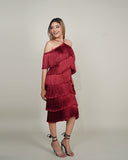 RED WINE HALTER NECK FRINGE DRESS