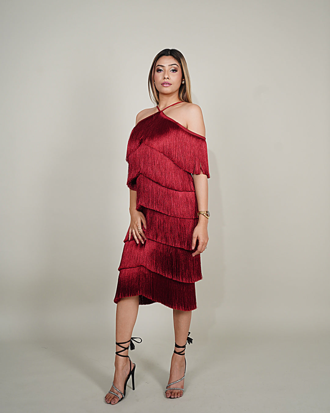 RED WINE HALTER NECK FRINGE DRESS