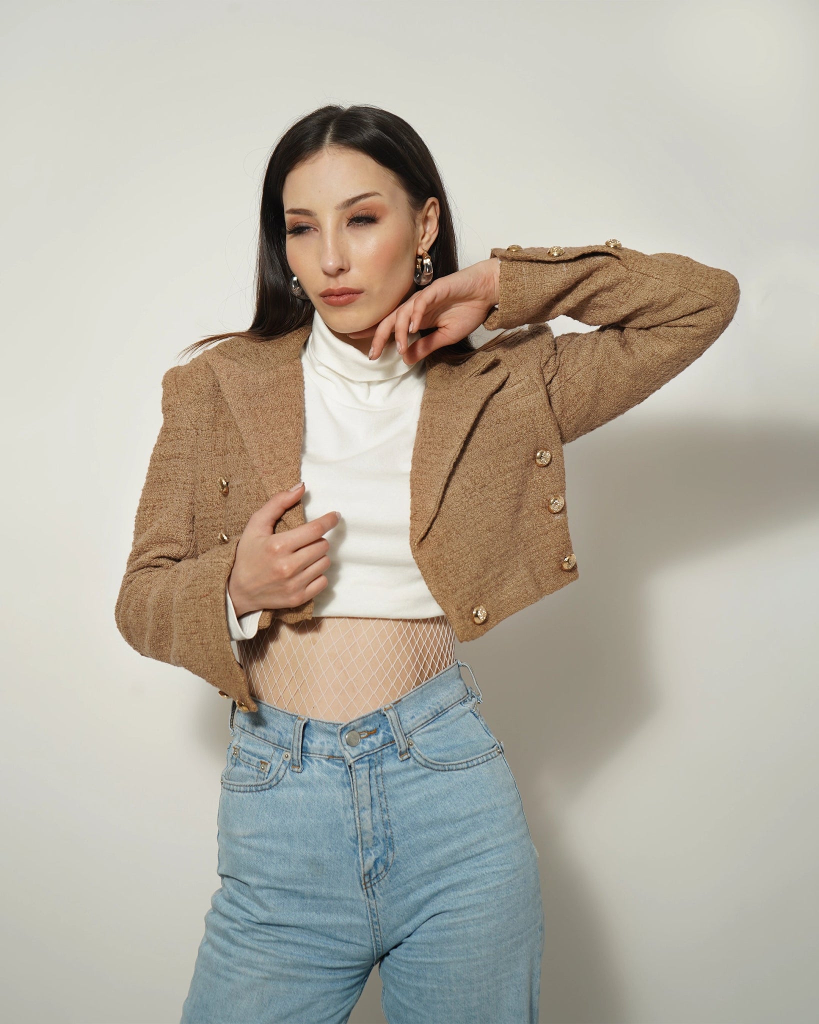 BEIGE CROPPED TEXTURED BLAZER - Wabi Sabi