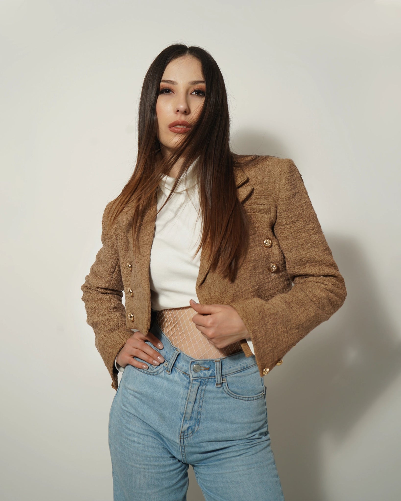 BEIGE CROPPED TEXTURED BLAZER - Wabi Sabi