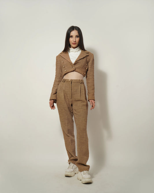 BEIGE CROPPED TEXTURED BLAZER-PANT SET - Wabi Sabi