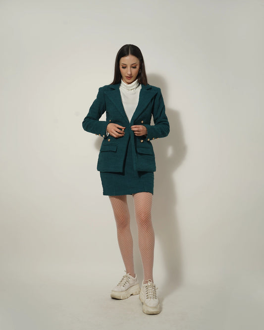 TEXTURED TEAL BLUE BLAZER-SKIRT SET - Wabi Sabi