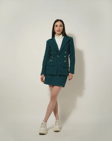 TEXTURED TEAL BLUE BLAZER-SKIRT SET - Wabi Sabi
