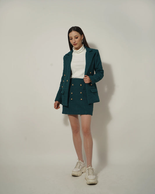 TEXTURED TEAL BLUE BLAZER-SKIRT SET - Wabi Sabi